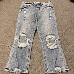 Stylish Women's Distressed Straight Leg Jeans - Light Blue